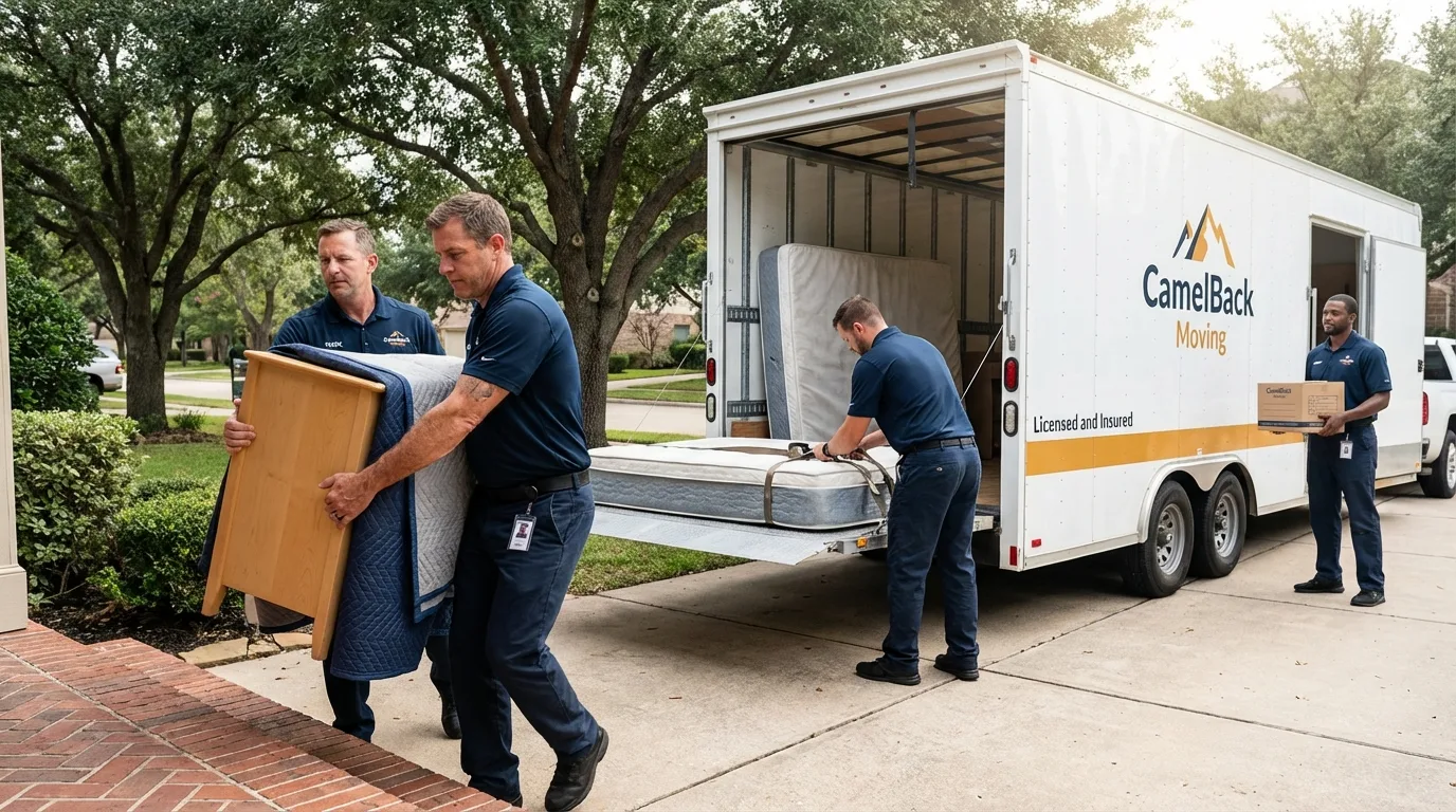Crew loading residential truck for cross-state move from Shoshone, ID