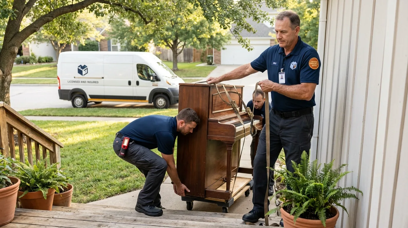 Licensed piano movers securing grand piano in Shoshone, ID