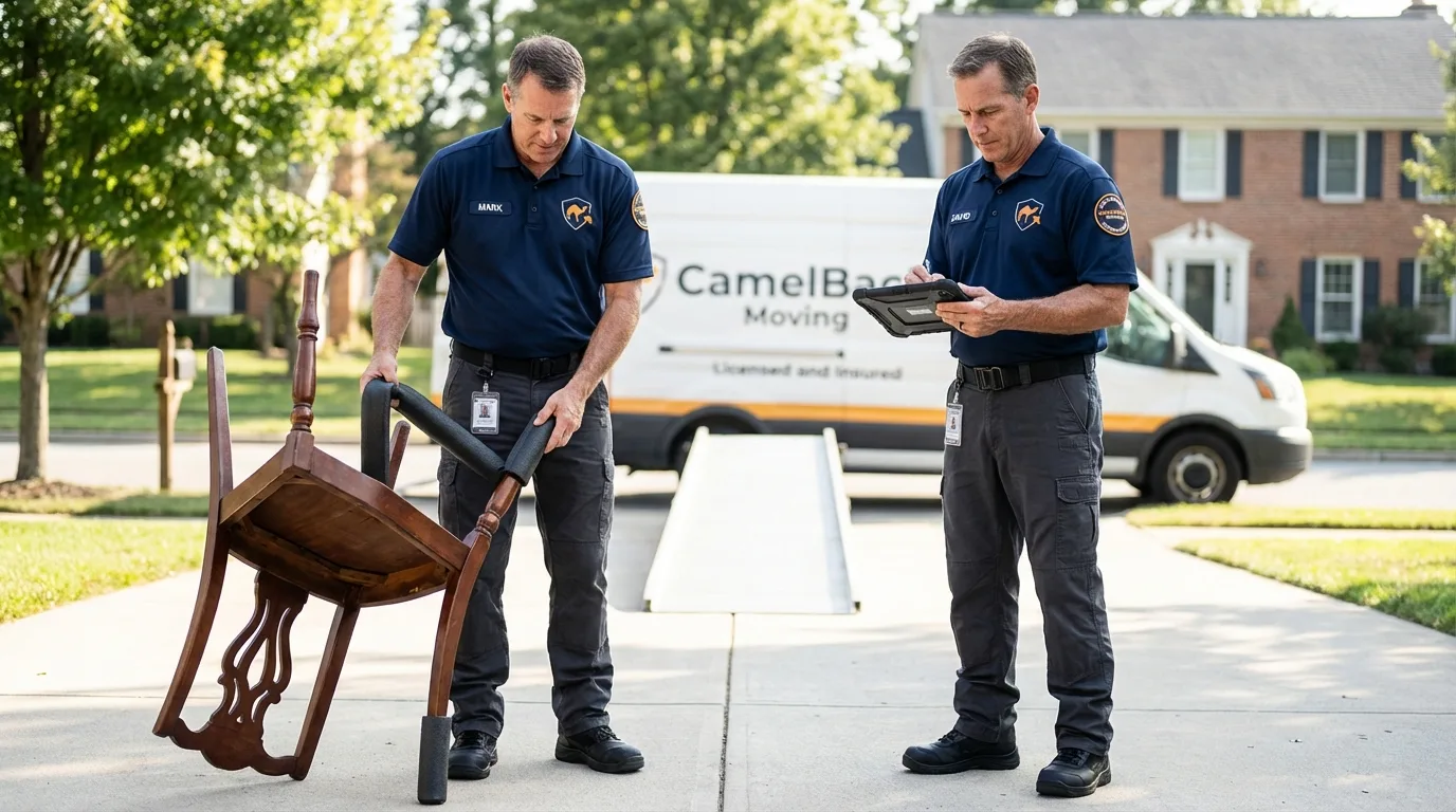 Movers inspecting furniture for damage prevention before loading in Shoshone, ID