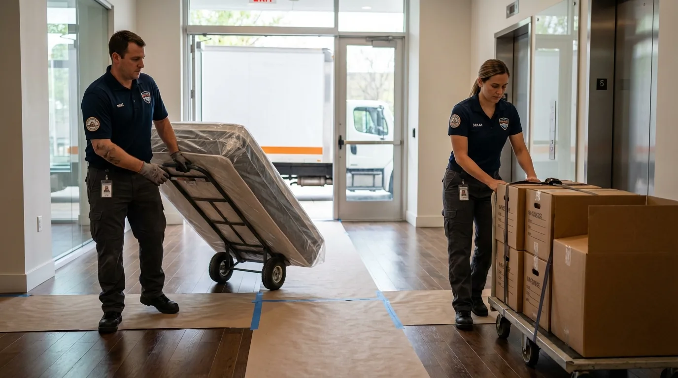 Professional apartment movers loading elevator in Shoshone, ID